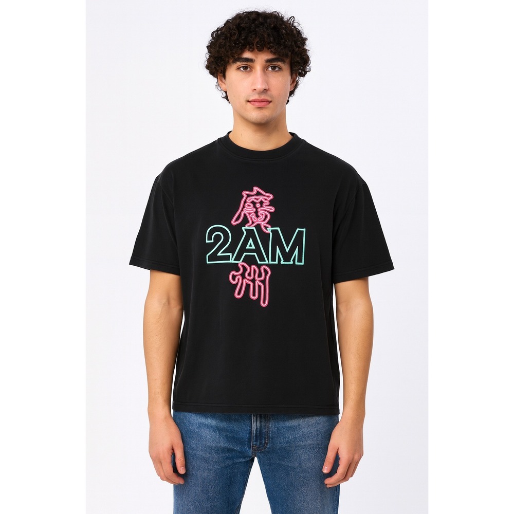 2AM Men Graphic T-Shirt Black Neon Logo Streetwear - Medium